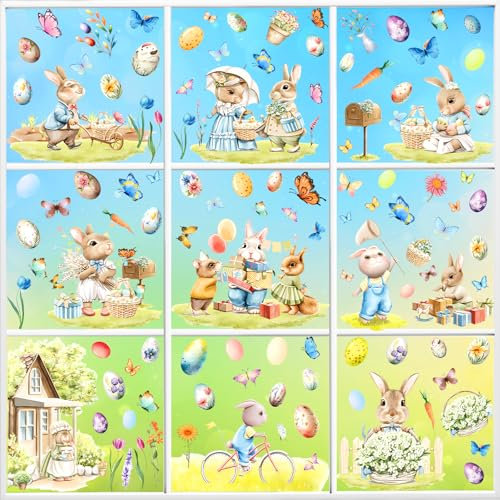 Lets Joy 9 Blätter Ostern Fensterbilder Selbstklebend, Fensterbilder Ostern Kinder, Hase Ostereier Fenstersticker, Ostern Fenster Aufkleber, Ostern Fensterdeko, Fensterdeko Ostern Wiederverwendbar
