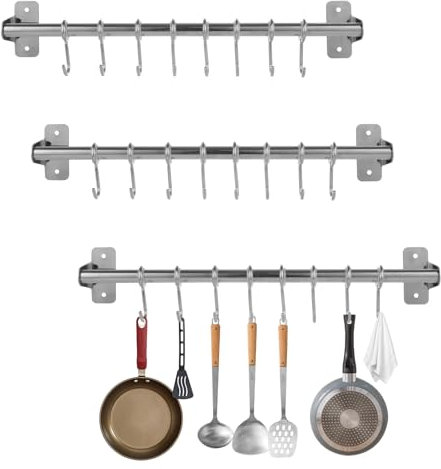 WOPPLXY 3PCS Utensil Rack with Hooks - 40cm Stainless Steel Kitchen Hanging Rail - 8 Hooks Wall Mounted Utensil Hanger Movable for Kitchen, Bathroom Storage Organise