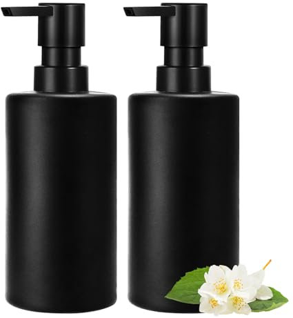 GMISUN Lot de 2 distributeurs de savon, noir, avec pompe en plastique, 350 ml, distributeur de liquide vaisselle, distributeur de savon de cuisine, distributeur de gel douche, distributeur de