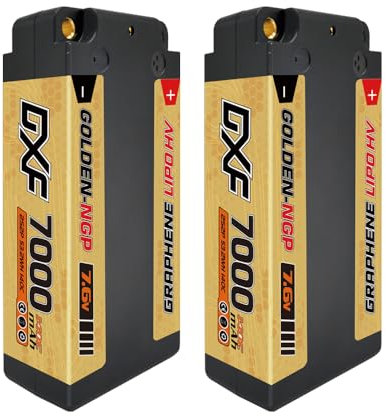 DXF High-Performance 2S LiPo Battery 7.6V, 7000mAh, 140C, Golden NGP RC lipo battery with 5mm Ball to Deans T Plug 2s lipo for RC Cars, Trucks, Planes, and Helicopters 2Pack
