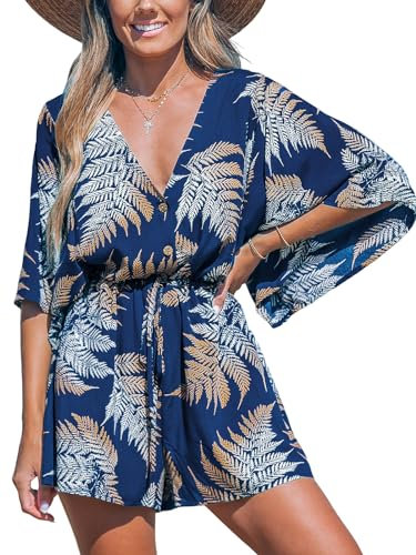 CUPSHE Damen Jumpsuit V-Ausschnitt Kurzarm Strampler Knöpfe Tropischer Druck Weites Bein Kurz Overall mit Gürtel Casual Lose Playsuit Dunkelblau S