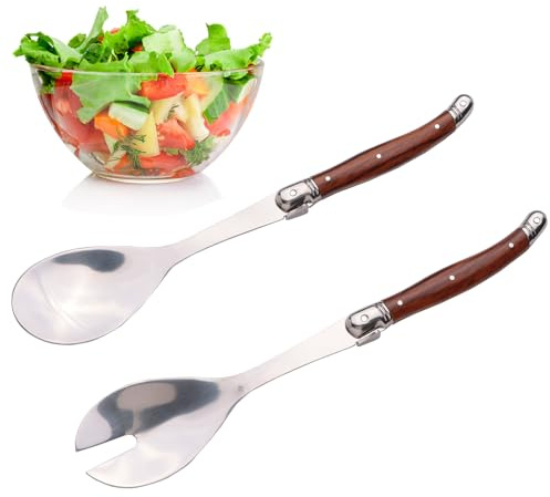 10 Salad Servers Set - Spoon and Fork Utensils for Serving Salad Stainless Steel - Set of 2 Salad Spoon and Salad Fork Kitchen Salad Tongs (Brown)