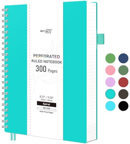 RETTACY A4 Spiral Notizbuch mit Linien, 150 Abreißbare Perforierte Blätter (Insgesamt 300 Seiten), 100g/m² Papier, 21,5 X 27,9 cm, Blau