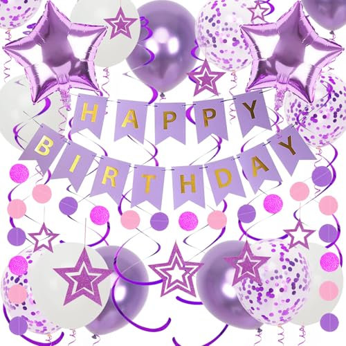Geburtstagsdeko, Lila Happy Birthday Girlande, Hängend Stern und Hängend Wirbel Streamer, Lila Stern Luftballons, Kreis Punkt Girlande Dekroationen, für Mädchen Junge Geburtstagsdeko