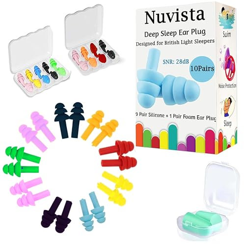 Nuvista 10 Pairs Ear Plugs for Sleep Soft Silicone Reusable Waterproof Earplugs for Sleeping Noise Cancelling Swimming Snoring Work Noisy Places 28dB Multicoloured