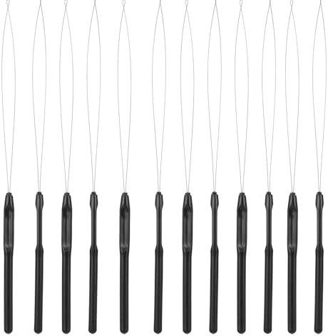 Dimeho 12 Pcs Extension Loop Needle Threader Pulling Hook Bead Device Tool Micro Loop Nano Beads Device Black Hair Extension Threader for Feather Extensions
