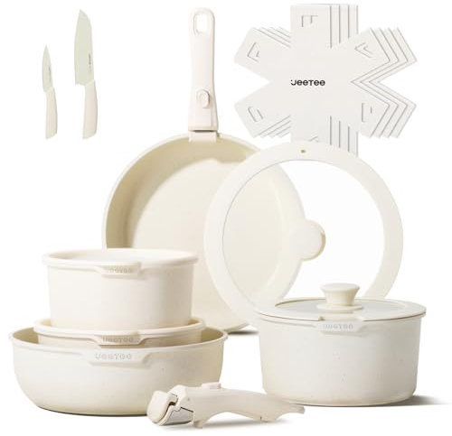 JEETEE Batterie de Cuisine Antiadhésive 17 pièces avec Poignée Amovible, Poele Induction 20/26cm, Sauteuse 26cm, Casserole 18/20cm, Empilable, Passe au Four, Sans PFAS/PFOA, Beige