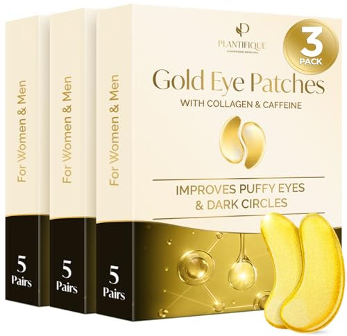 Plantifique Under Eye Gel Patches, 15 Pairs Gold Under Eye Patches for Dark Circles with Collagen & Caffeine, Cooling Eye Mask for Puffy Eyes and Bags, Gel Eye Pads, Under Eye Masks Skincare