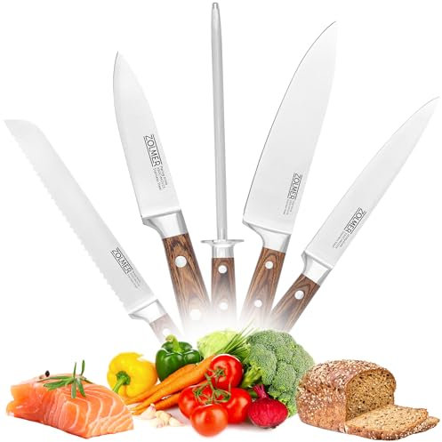 ZOLMER® Messerset X5 – Profi Allzweckmesser, Brotmesser, Kochmesser, Gemüsemesser & Wetzstahl – Scharfe Küchenmesser aus Deutschem Edelstahl mit Pakka Holz Griff – Premium Qualität für den Haushalt