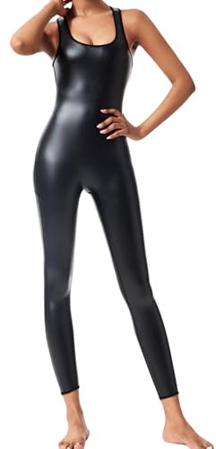 FEOYA Damen Overall Einteiliger Bodysuit Ärmelloser Ganzkörper Jumpsuit U-förmiger Kragen Sportbekleidung Sexy Wet Look Leder Playsuit Clubwear A1 XXL