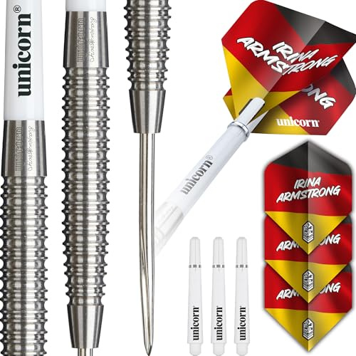 Unicorn Darts Set Global | Irina 'Ice Baby' Armstrong | 90% Natural Tungsten Barrels with Intricately Machined Grip Rings | Durable Stunning Ultrafly Flights | Steel Tip Volute Points | 23 g