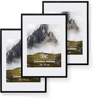KHG Premium-Bilderrahmen 3er-Set 50x70 cm schwarz, vielseitig einsetzbar | stabile Glasfront, hochwertiges Passepartout & MDF-Holzrahmen für Fotos, Poster, Zertifikate & Collagen, für Zuhause