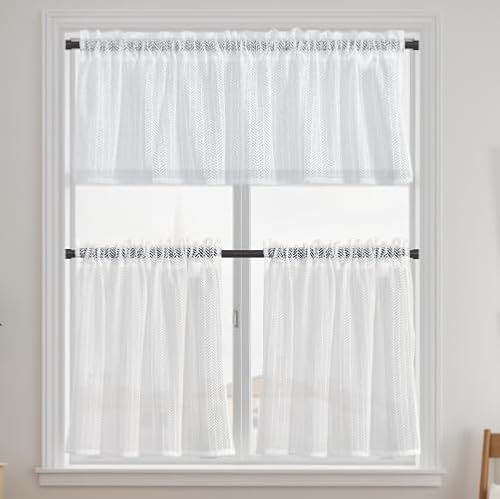 Marjoramy 3 Stück Scheibengardinen, Landhaus Bistrogardine Weiß, Küchengardinen Fenster, Fenstergardinen, Kurzgardine, Scheibengardine Kurz, Transparent Jacquard Gardine, Scheibengardinen Landhaussti