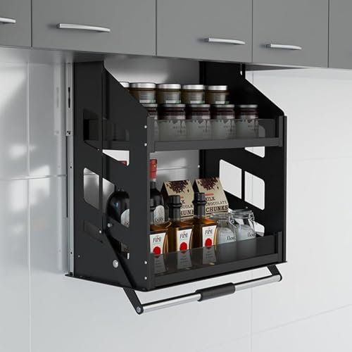 GAROEN Pull-Down-Organizer mit 2 Ebenen, herunterziehbares Rollo-Regal, vertikal anhebbares Geschirr- und Gewürzregal mit herausnehmbarem Korb (Schwarz, 11,8 x 11,2 x 26,4 Zoll)