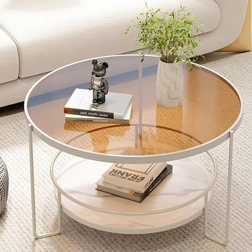 Mesa de centro cristal, Mesa de Esquina Redonda de 2 Niveles, estilo minimalista, Estructura de hierro forjado + vidrio templado, Para Salón Dormitorio Oficina, Fácil montaje(White B,80x45cm/31.4x17.7