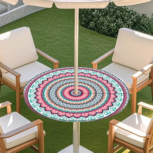 Odot Elastische Tischdecke Runde Outdoor mit Loch und Reißverschluss, Wasserdicht Abwaschbar Tischtuch Tischdecke Wetterfest Gartentischdecke für Sonnenschirm (Klassisches Bohemian 5,S:79-89cm)
