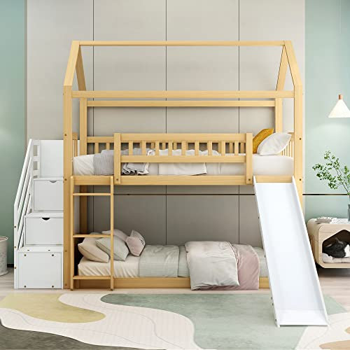 I0I&I0I Etagenbett Kinder mit Rutsche & Treppe mit Stauraum, Hochbett mit Gitter & Fallschutz, Spielbett Hausbett aus Holz in Natur+Weiß, Leiter mit Handlauf, Platzsparend & Sicher (Natur+Weiß)