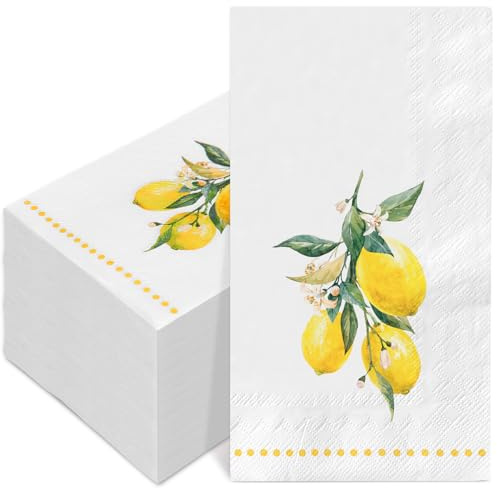 FYSUIMU 100 Stück Zitronen-Gästeservietten, Aquarell, Gelb, Zitronenblüte, Einweg-Servietten, Zitrusfrüchte, Abendessen, Handpapierservietten für Badezimmer, Sommer, Geburtstag, Party, Tischzubehör