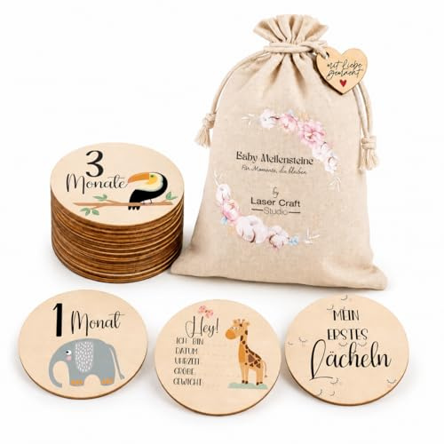 Meilensteinkarten Baby Holz – 12 runde Karten (24 Motive) – liebevoll gestaltet, nachhaltiges Holz – Monatskarten 1–12 & besondere Momente (Safari)