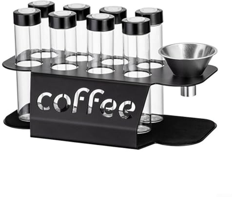 TDCuizent Single Dose Coffee Bean Storage Tubes Set with Exhaust Valves and Metal Display Stand, 8 Glass Containers 22g Each with Funnel, Organiser for Kitchen Countertop Home Coffee Station