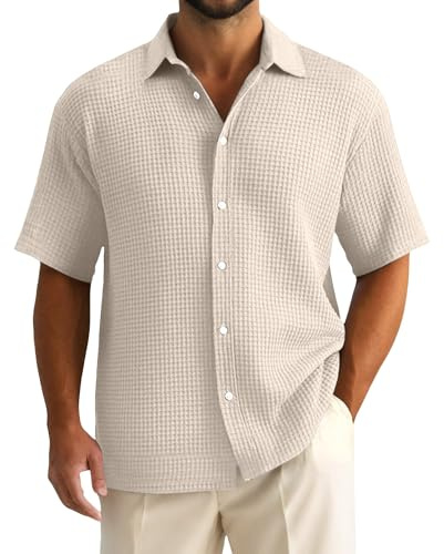 Men's Half Sleeve Textured Shirt - Cotton Fabric, Button Down Closure, Casual Vacation Style, Lightweight Loose Fit, Ideal for Summer Beach Wear