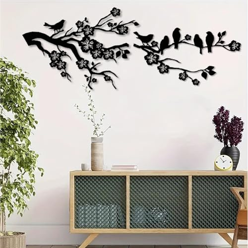 DUOOLN Wanddekoration mit Vögeln aus Metall, lebendige Vögel auf AST, Silhouette Wandkunst, Wandskulptur zum Aufhängen, für Innenbereich Außenbereich, Zuhause Balkon Garten geschenk-70 * 27cm