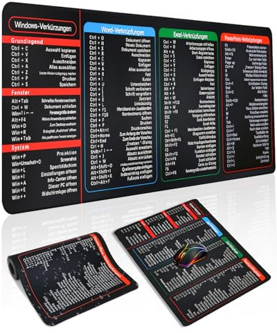 Excel Schreibtischunterlage mit Tastenkürzeln für Büro, Rutschfest 80×30 cm | Wasserdicht, vernähte Kanten, Word-, Outlook-, PowerPoint- & Windows-Shortcuts, Naturkautschuk, Gaming & Homeoffice
