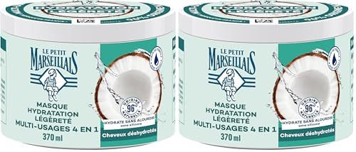 Le Petit Marseillais Masque 4 en 1 Hydratation Légèreté Eau de Coco Bio (Pot de 370 Ml) – Masque Capillaire pour Cheveux Déshydratés – Soin Cheveux sans Silicone 96% d'Origine Naturelle (Lot de 2)