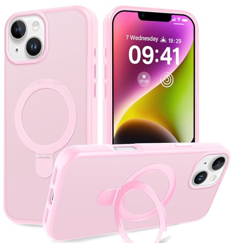 Niokfrci Magnetica Cover con iPhone 14/iPhone 13 6.1, Custodia Telefono Compatibile con Magsafe Ricarica Wireless Anello Magnetico Supporto Antiurto, Militare Silicone Case con iPhone 14/13，Rosa