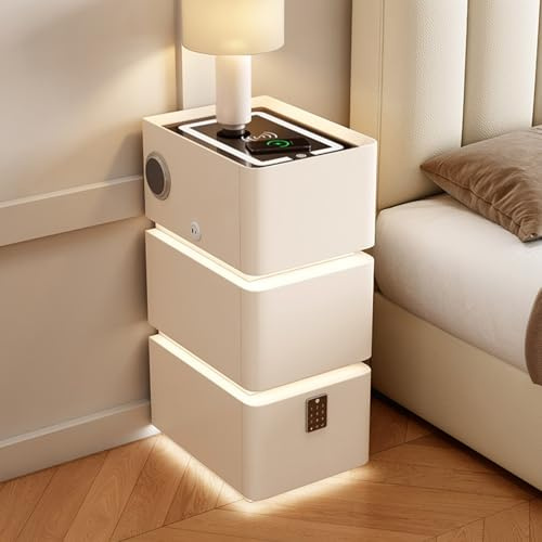 WANCHENG Nachttisch mit Ladefunktion, LED Moderner Nachtschrank, mit USB-Anschluss und Kabelloses Laden, Zahlenschloss und Lautsprecher, für Schlafzimmer Wohnzimmer (Cremeweiß, 35x40x64cm)