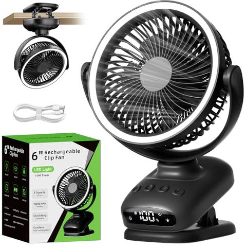 WUQNGI Mini Ventilatore Portatile,10000mAh Silenzioso Ventilatore da Tavolo,USB Ventilatore da Scrivania Potente con Pinza e Timer,Oscillante,Ricaricabile,Luci LED per Notte Camper Passeggino Ufficio