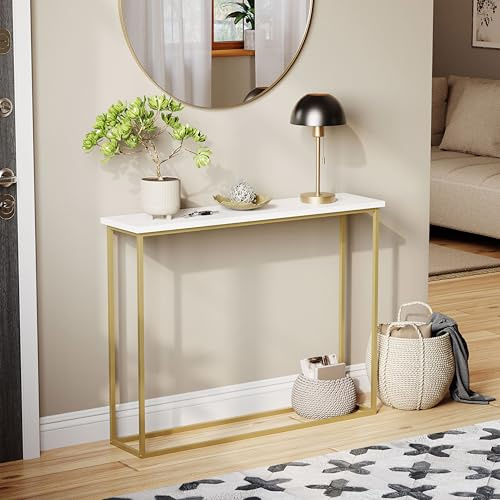 Vida Designs Narrow Console Table 100cm | Slim Hallway Table for Small Spaces | Metal Frame & Wood Effect Top | Modern Entryway/Sofa Table | Easy Assembly | White & Gold