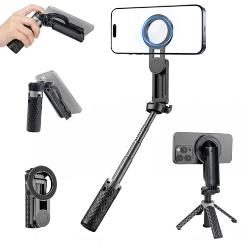 Magnetisches Handy-Stativ mit Selfie-Stick und Bluetooth-Fernbedienung | 360° drehbar und klappbar, mit stabilem 4-Bein-Stand; MagSafe-kompatibel, für iPhone sowie Android-Smartphones