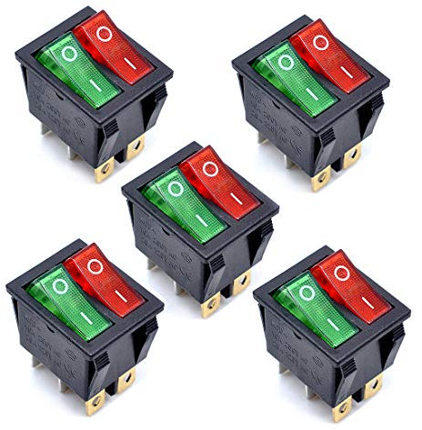 Oiyagai 5 Stück KCD4 AC 250V 16A Rot Grün Licht 6P Terminals EIN/AUS Doppel SPST 2-Wege Einrast Boot Wippschalter