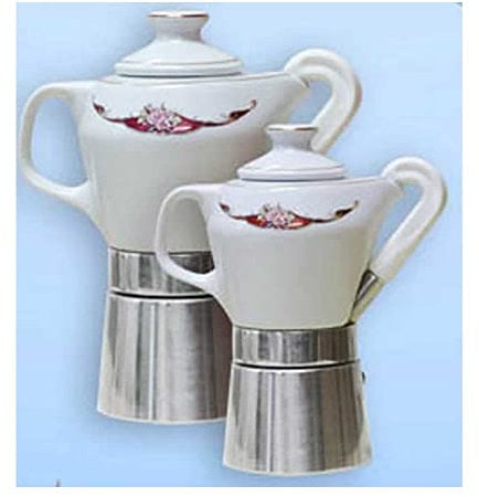 Sirge Caffettiera Moka 4 tazzine in fine porcellana certificata e decorata oro (Disegno Rosso)