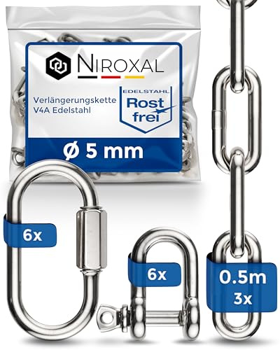 Edelstahl V4A (A4) Ketten Verlängerung 5 mm – 50 cm – 3 Ketten – inkl. 6 Schraubverbinder & 6 Schäkel – bis 900 kg