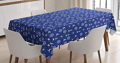 ABAKUHAUS Leuchtturm Tischdecke, Maritime Silhouetten, Druck mit Klaren Farben ohne Verblassen Waschbar für innen oder Außen Bereich, 140 x 170 cm, Violettblau Weiß