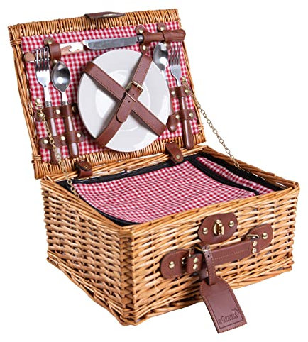 eGenuss Panier Pique-Nique en Osier pour 2 Personnes - Glacière, Couteau Multifonction, Couverts en Acier Inoxydable, Assiettes et Verres à Vin Inclus - Motif Vichy Rouge