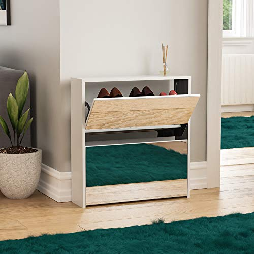 Vida Designs Welham Mirrored Shoe Cabinet, Wooden Shoe Storage Unit with 2 Flip Drawers, Multifunctional Dust-Proof Space-Saving Slim Cupboard for Hallway or Entryway (White)