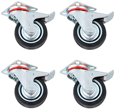 3 / 75mm Rubber Swivel Trolley Castor Wheel with Brake for Furniture 4 Pack