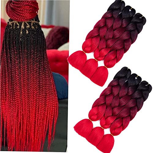 Braids Extensions rot kanekalon kunsthaar ombre Jumbo Braids Haar 6 pcs 24 Zoll Crochet Box Braids Kunsthaa Kunsthaar Zum Einflechten for Black Women (Schwarz - Weinrot - Rot)
