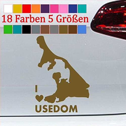 generisch Usedom Aufkleber Ostseeinsel Urlaub Camping KFZ Umriß I Love Auto Kontur 91-Gold 12x8,5cm