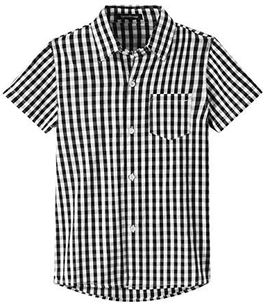 Spring&Gege Jungen Kurzarm Popeline Button Down Shirt Baumwolle Plaid Uniform Hemden, Schwarz Gingham, 128 134