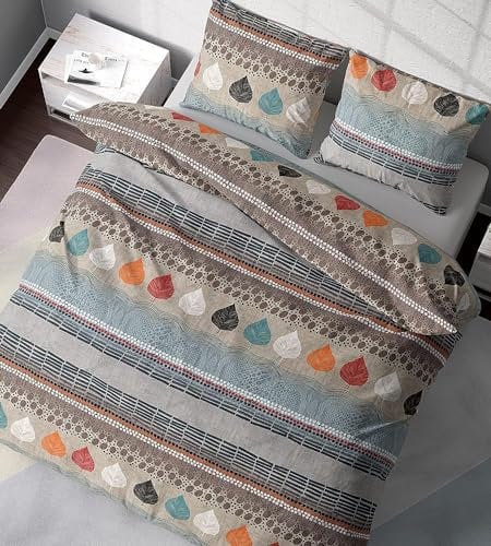 DILIOS Bettwäsche 135x200 2teilig Bettbezug - Bettwäsche-Sets 135 x 200 cm mit 1 Kissenbezug 80x80 cm, Atmungsaktive Baumwolle mit Reißverschluss, Bettwäsche Set Braun Blau Weich und Bügelfrei