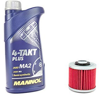 Motoröl Set 10W40 1 Liter + Ölfilter HF145 für Derbi MZ/MUZ Sachs Yamaha 659 660 Baghira Mastiff Roadster BT MT-03 SR SZR TDM TRX TT XC XT XV