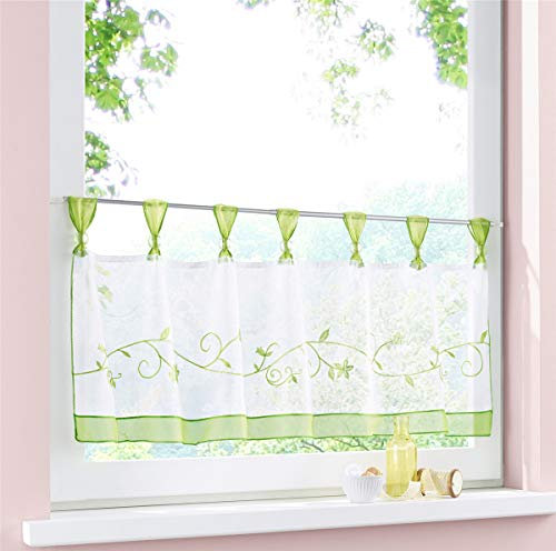 Dreamskull Scheibengardine Voile Bistrogardine Landhaus Küche Kurz Modern Kurzstores Gardinen Kurzgardine Küchengardine Transparent 60 cm Hoch Weiß mit Schlaufen Stickerei Kleinfenster