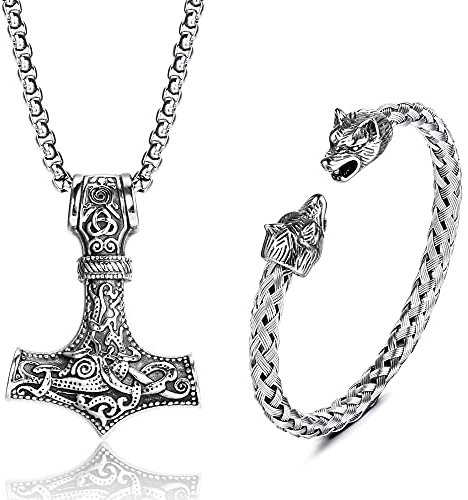 JeweBella Thors Hammer Halskette Wikinger Wolfskopf Armbänder Set für Herren Männer Mjolnir Edelstahl Halskette Armbänder Manschette Odin Anhänger Thors Halskette Wikinger Herren Schmuck