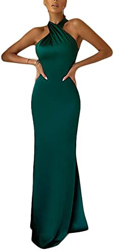 Vestido largo de noche para mujer, elegante, elegante, con cuello halter, sin mangas, elástico, para invitada de boda, verde, S