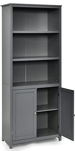 CASART Wooden Bookcase, Modern Storage Cabinet Cupboard with 3 Tier Open Shelves & 2 Doors, Freestanding Display Rack Bookshelf for Living Room, Bedroom and Office (Gray)
