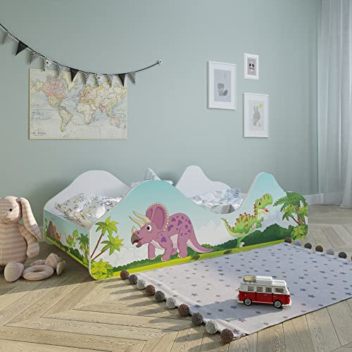 Kids Collective Kinderbett Jugendbett 80x160 cm mit Rausfallschutz | Dinosaurier Kinder Spielbett mit Lattenrost, optional mit Matratze
